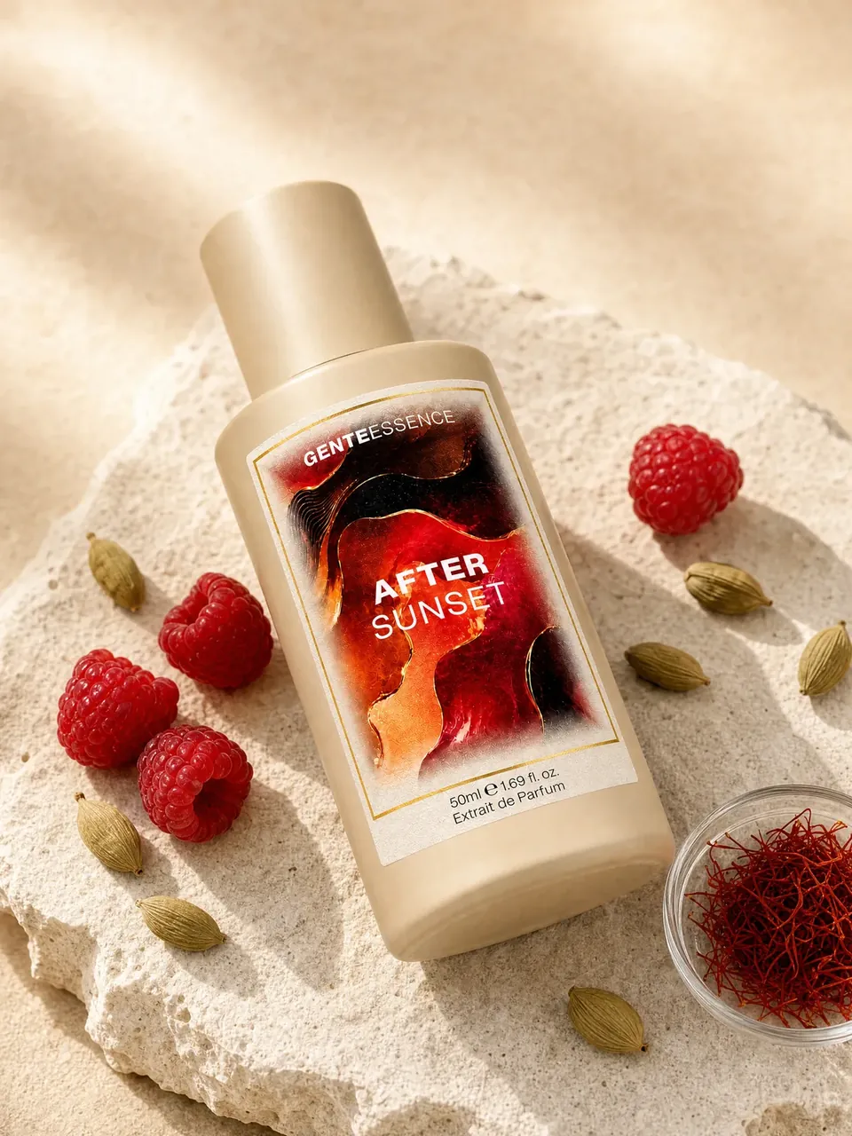 After Sunset: Flakon neben Himbeeren, Kardamom und einer Glasschale mit Safran auf heller Steinplatte