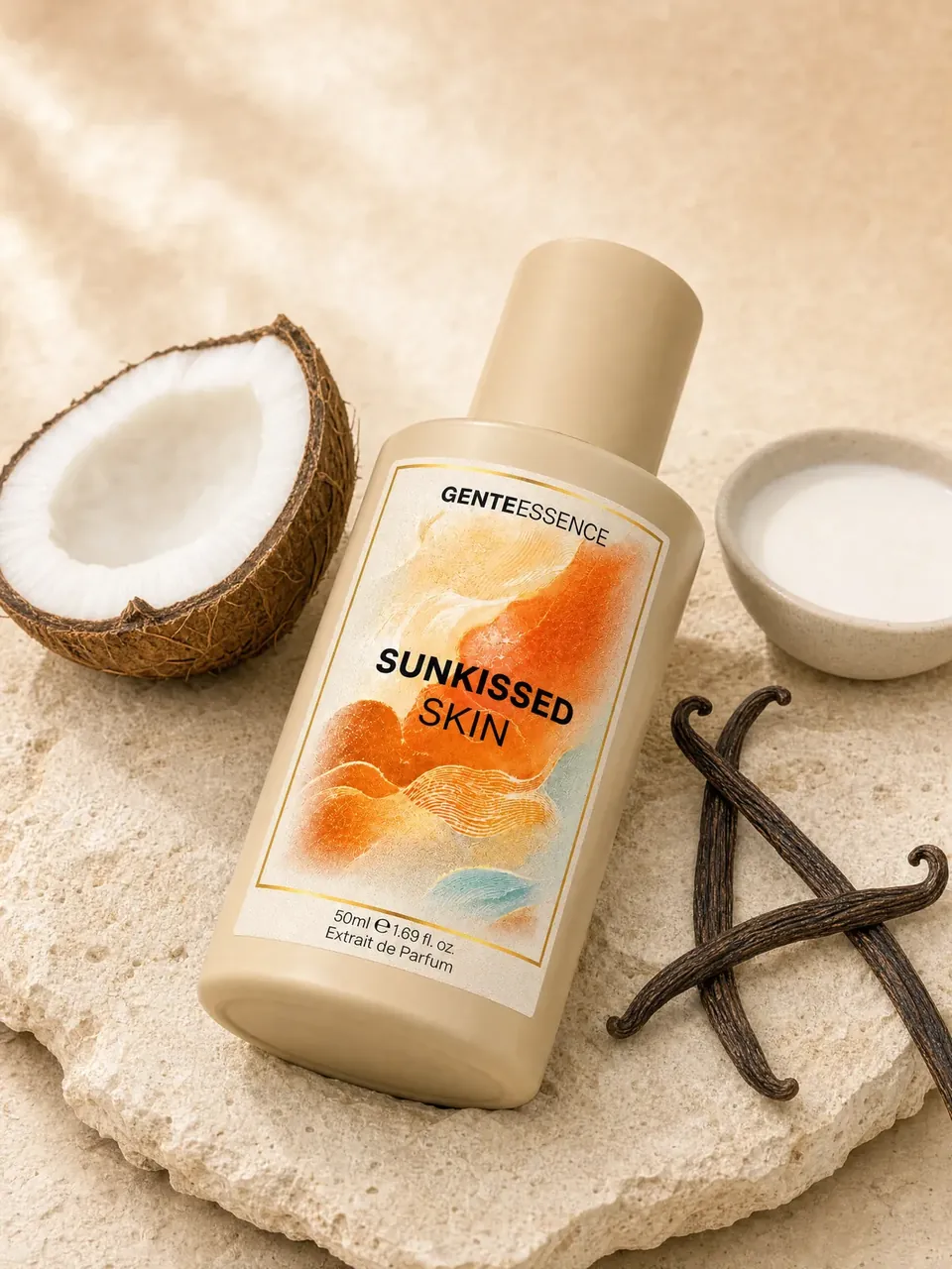 Sunkissed Skin: Flakon neben halber Kokosnuss, Schale mit Milch und Vanilleschoten auf heller Steinplatte