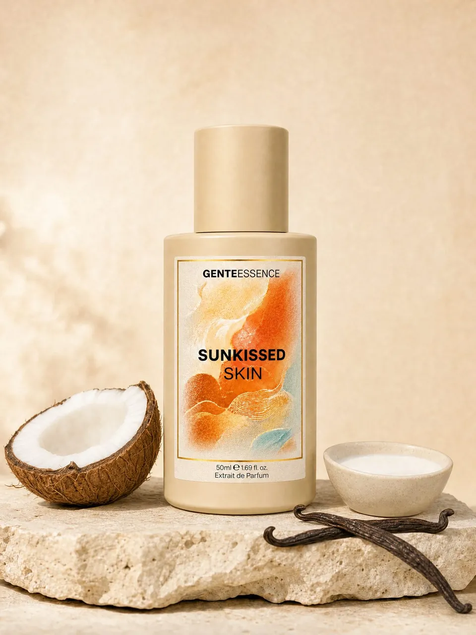 Sunkissed Skin, Flakon mit ausgewählten Duftnoten inszeniert