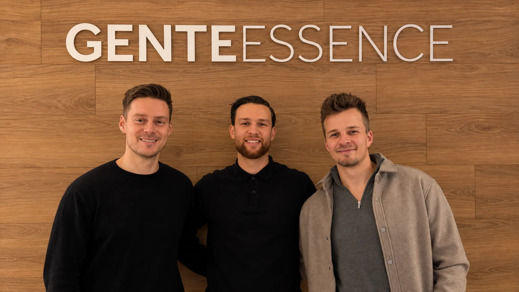 Die Gründer von Gente Essence vor dem GENTEESSENCE-Schriftzug